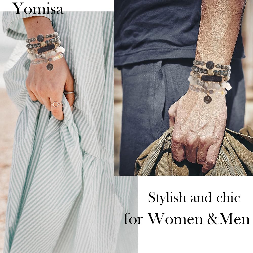 Yomisa 5PCS Natural Boho Beaded Bracelets for Women Men,Healing Turquoise Jasper Agate Crystal Gemstone Stone Diamond Chakra Multilayer Wrap Bohemian Handmade Jewelry Beads Stretch Bracelet Set