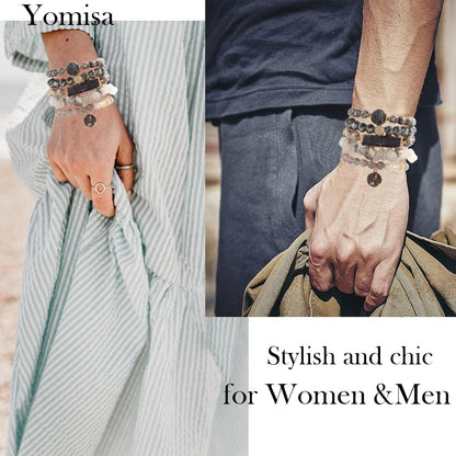 Yomisa 5PCS Natural Boho Beaded Bracelets for Women Men,Healing Turquoise Jasper Agate Crystal Gemstone Stone Diamond Chakra Multilayer Wrap Bohemian Handmade Jewelry Beads Stretch Bracelet Set