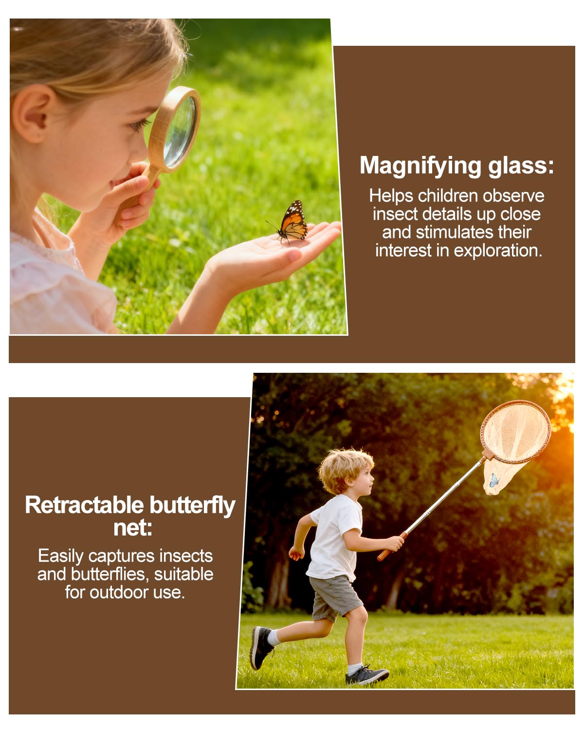 Wooden Bug Catcher Kit for Kids, Outdoor Explorer Nature Discovery Set with Butterfly Net, Bug Habitat & Magnifying Glass, Backyard Camping Outdoor Toys, Ages 3–12, Also Suitable for Toddlers
