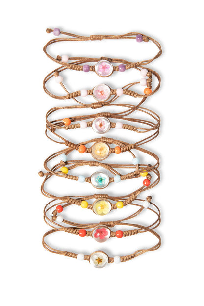 VNG 8 Pack Boho Pressed Flower Bracelet Set, Handmade Colorful Beaded Woven Friendship Bracelets, Adjustable Stackable Jewelry Gift