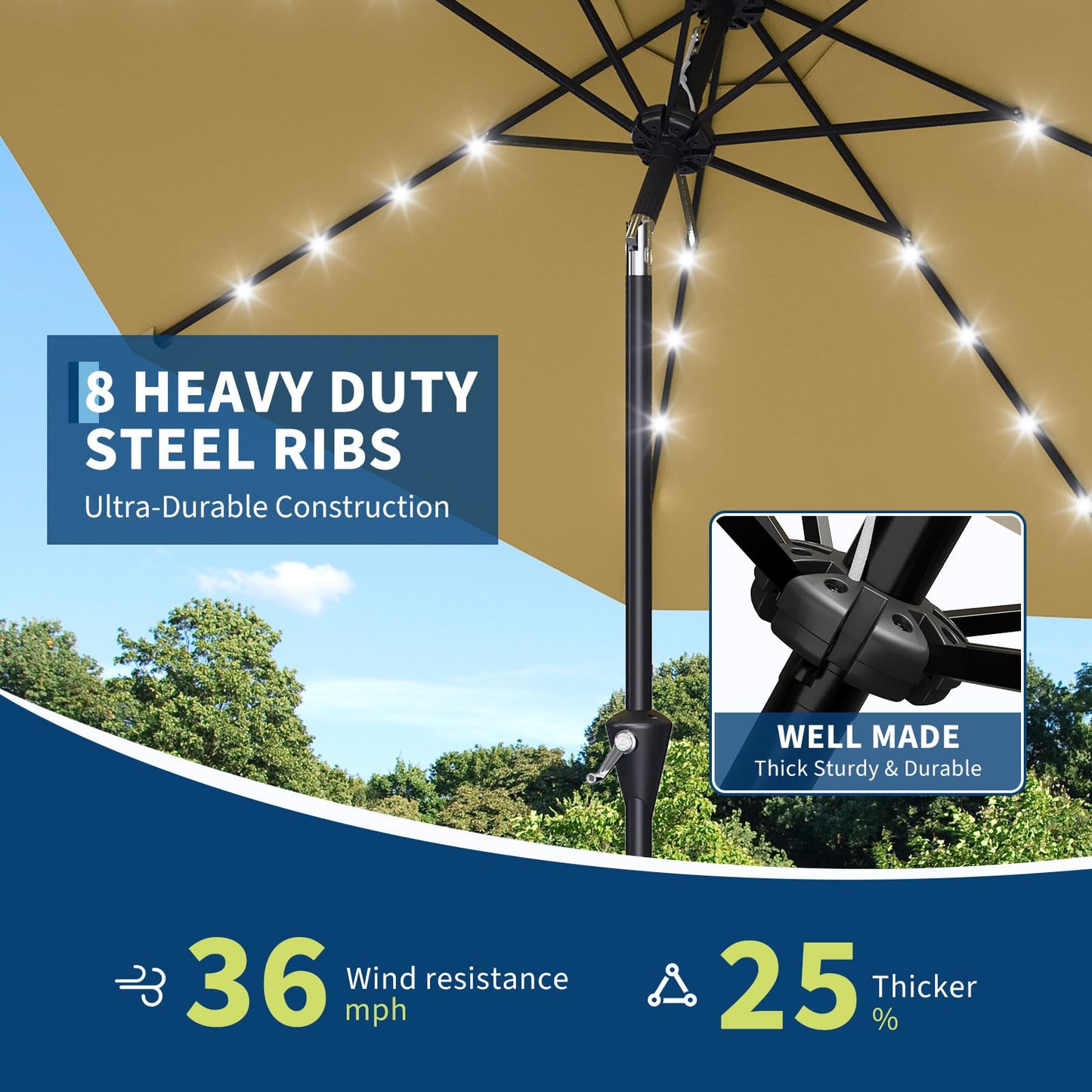 GarveeLife 10FT Patio Umbrella Outdoor, Table Umbrella with solar lights, 8 Sturdy Ribs UV Protection Waterproof for Garden, Pool, Deck (Tan)
