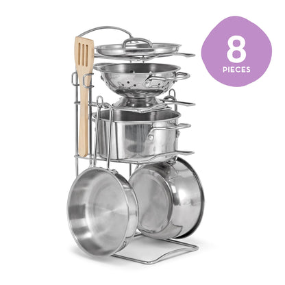 Melissa & Doug Stainless Steel Pots & Pans, 8 Piece Play Kitchen Set, Premium Play Kitchen Accessories & Cooking Utensils, Preschool Toys for Kids 3+