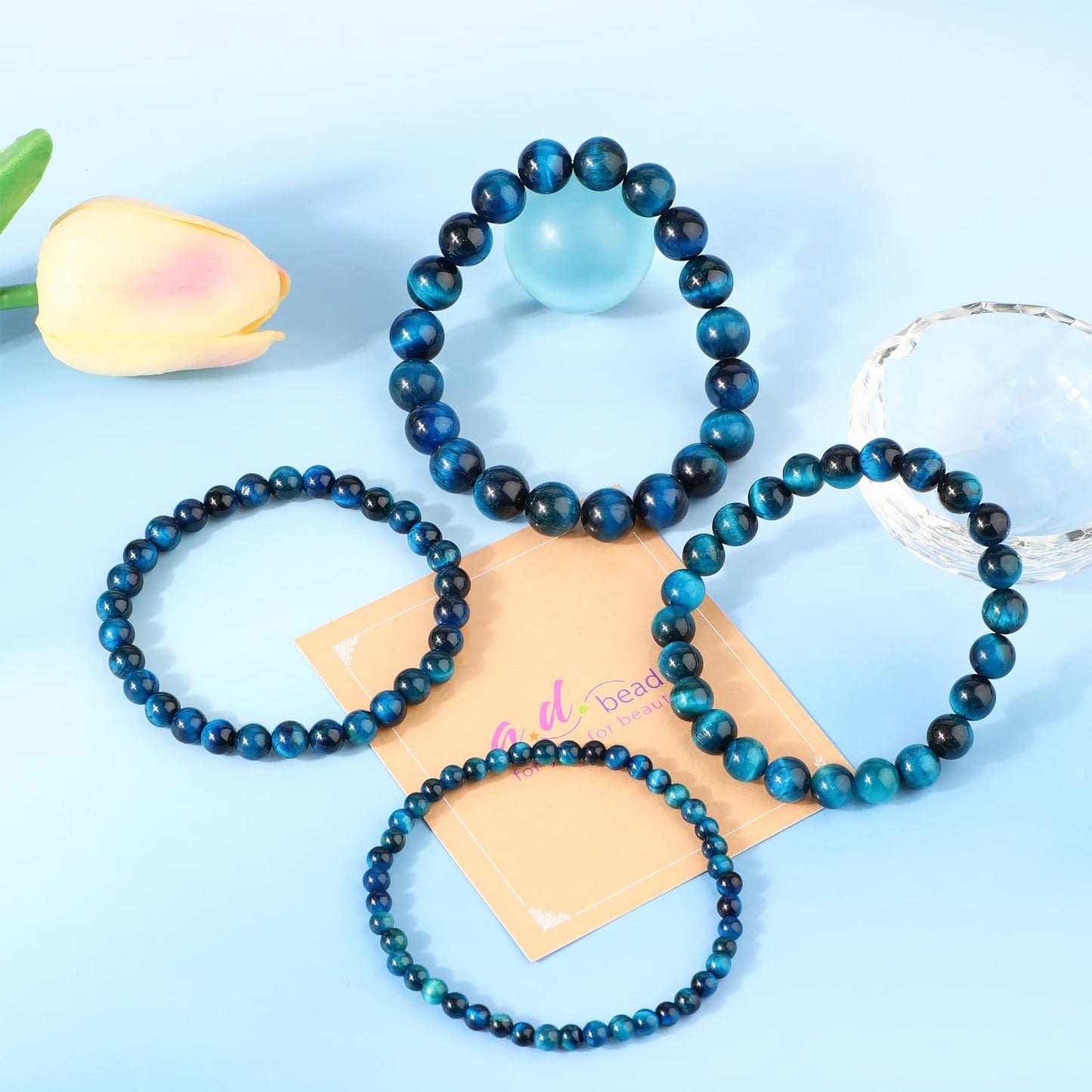 AD Beads 6mm Handmade Blue Tiger Eye Elastic Bracelet – Natural Gemstone for Calm and insight – Meditation, Yoga, Healing and Energy Gift for Men Women