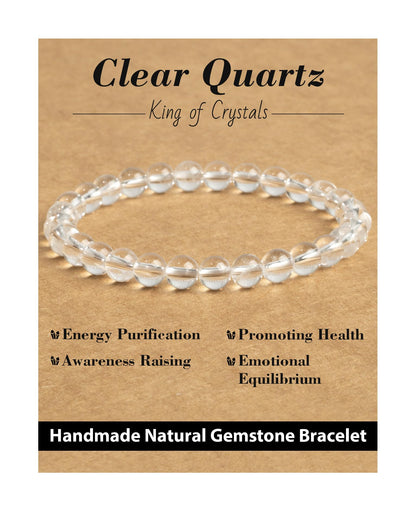 Landorilo Beaded Bracelet for Men Women, 6mm Natural Stone Clear Quartz Healing Crystal Stretch Bracelets, Ideal Christmas Birthday Jewelry Gifts with Energy Card，Replacement Beads Included