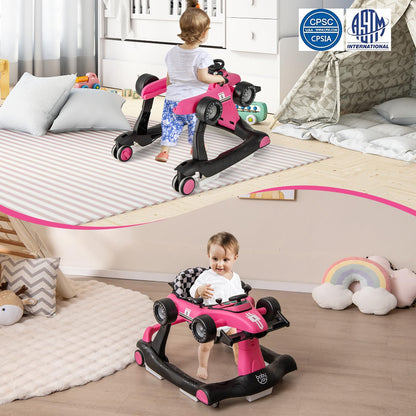 BABY JOY 4-in-1 Baby Walker, Foldable Activity Walker with Adjustable Height & Speed, Music, Lights, Anti-Rollover, Toddler Push Walker, Baby Walker with Wheels for Boys Girls 6-18 Months (Pink)