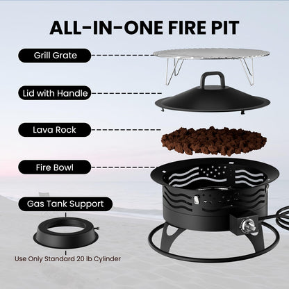 24 Inch Propane Fire Pit, Portable Gas Fire Pit Bowl for Outside, 60,000 BTU Smokeless Outdoor Firepit with Lid & Grill Grate for Patio, Yard, Gardenn, Camping