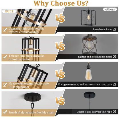 QMNHAU Black and Gold Chandelier Modern Pendant Light Fixtures Adjustable Farmhouse Pendant Lights Kitchen Island Hanging Light Fixture for Entryway Hallway Foyer Dining Room
