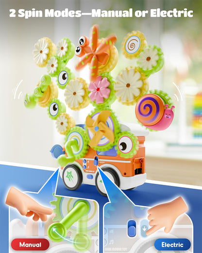LIGHTDESIRE Montessori Toys for Toddlers 3 4 5 6 Years Old,Musical Baby Toy Train Electric Rotating Gear Flower Building Toddler Learning Toys,Stem Toy DIY Assembly Birthday Gifts Baby Boy Girl,Orange