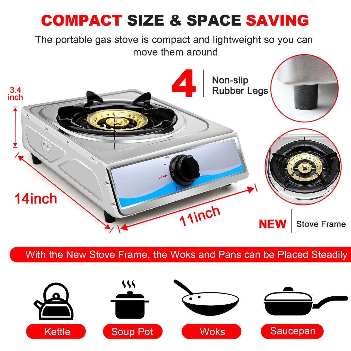 Propane Gas Cooktop，Single Burner Gas Stove Stainless Steel Portable Gas Stove，Auto Ignition Camping Single Burner LPGfor RV, Apartments, Outdoor