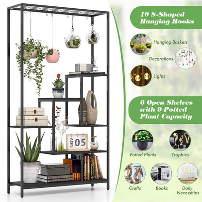 Giantex 71" Tall Plant Stand Indoor, 6-Tier Metal Plant Shelf with 10 Hanging Hooks, Multiple Potted Flower Bonsai Pots Display Rack for Indoor, Balcony, Living Room (Black)