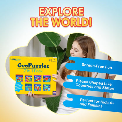 GeoToys GeoPuzzle, Country-Shaped Jigsaw Puzzles Set of 7 in One Box, Geography Puzzle, Map Puzzle - Jigsaw Puzzles for Kids Ages 4+ Years Old, Stocking Stuffers for Kids