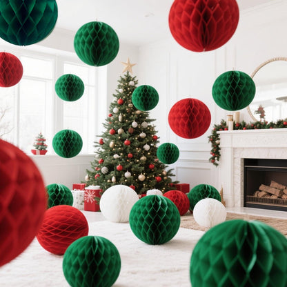 brzikwt 12 Pcs Red White and Green Paper Honeycomb Flower Balls for Christmas Party Ceiling Wall Hanging Tissue Pom Poms Decor (6 inch & 10 inch)