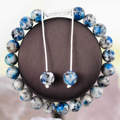 DAZCOLO Handmade Gem Bracelet Adjustable Macrame Gemstone 8mm Round Beads Crystals Quartz Unisex (K2 Azurite)