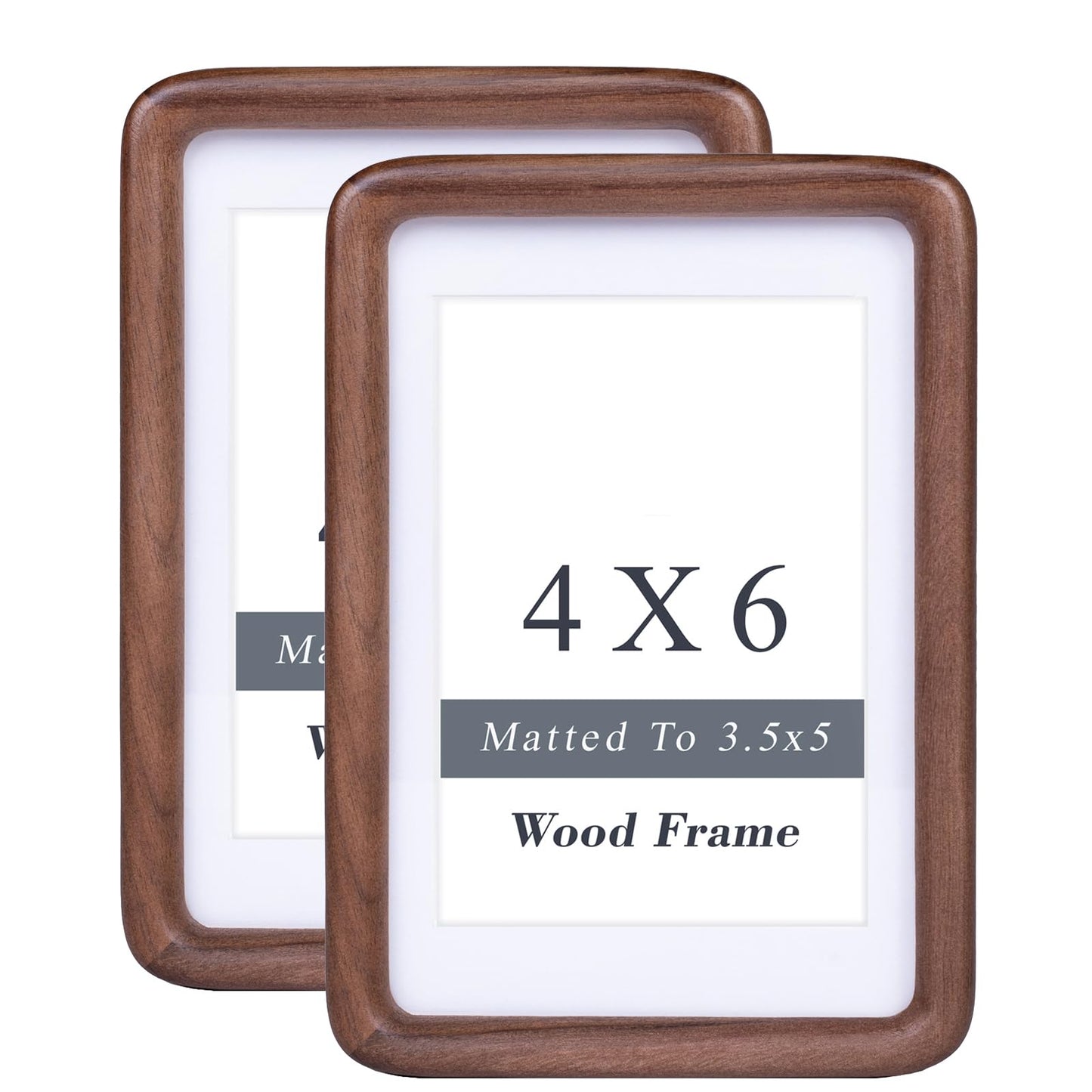 Xzwenru 4x6 Picture Frame Set of 2,Solid Walnut Wood Frame with Real Glass,Rounded Edge Wooden Photo Frame Matted to 4x6 Photo without mat or 3.5x5 picture with mat, For TableTop and Wall Decoration.