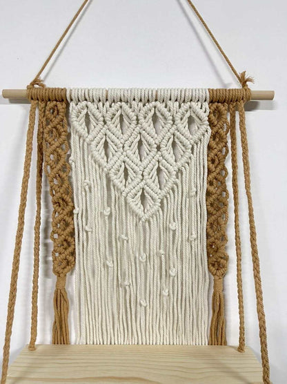 Decorative Wooden Macrame Shelf, Boho Wall Hanging Decor, Rope Plant Flower Hanger Pot Holder, Beige & Brown, 50cm x 75cm (MYG-0324)