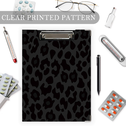 Poecinvi Trendy Black Leopard Print Clipboard Folio with Storage for Office Classroom, Preppy Dark Cheetah Print Padfolio with Metal Clip for Nurses Teachers Students Women Men, 12.4x9.25 in