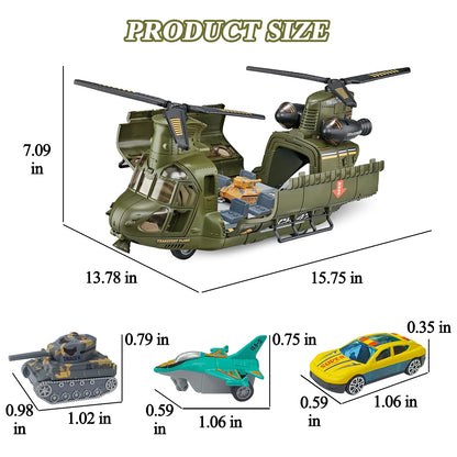 Yiwsnust Military Helicopter Toys Set with Light - Friction Powered Transport Helicopter Toy with Army Tanks, Airplanes, Mini Cars - Army Toys Military Playset Christmas Birthday Party Gifts for Kids
