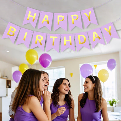 JHZMCRX Happy Birthday Banner Sign Birthday Garland Wall Door Banner Flag Name Signs for Women Men Boys Girls Birthday Party Backdrop Decorations Golden Letters Light Purple