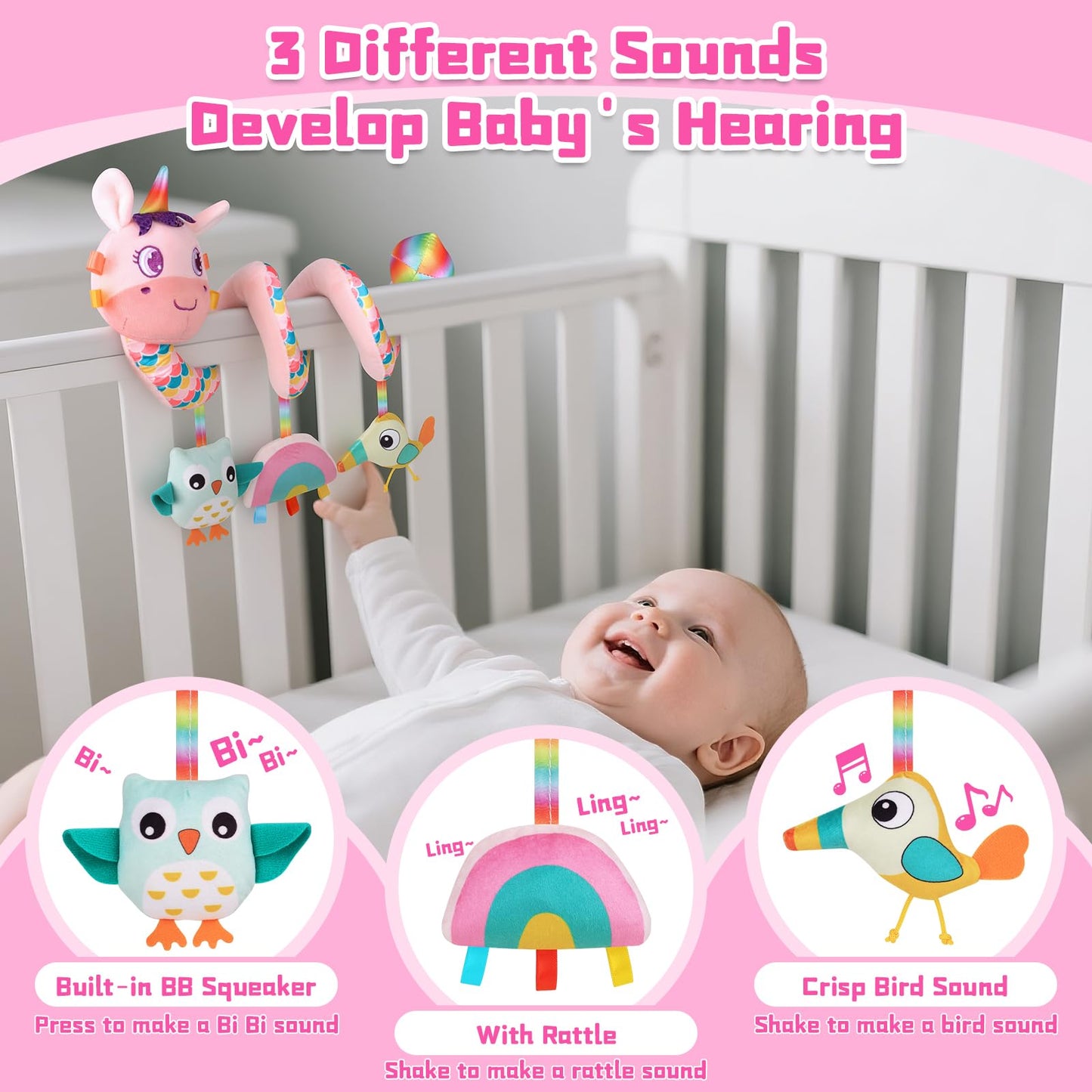 Car Seat Toys for Infants 0-6 months, Spiral Hanging Crib Stroller Activity Toys with Rattles, Baby Car Seat Accessories Toy for Developing Sensory & Motor Skills, Ideal Gift for Newborn Infant