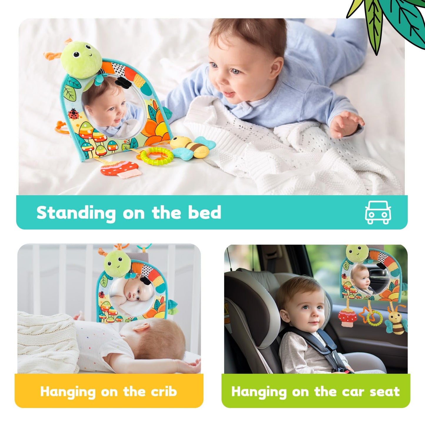 Koty Infant Car Seat Toy - Kick and Play Activity Center with Mirror, Teether and Crinkle Paper, Fun Travel Baby Toy for Rear Car Seat, Easier Drive with Newborns, Babies