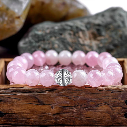 MetJakt Healing Crystals Beaded Bracelets for Womens Natural Gemstone 8mm Beads Stretch Bracelets with 925 Sterling Silver Double Happiness Pendant (Rose Quartz)