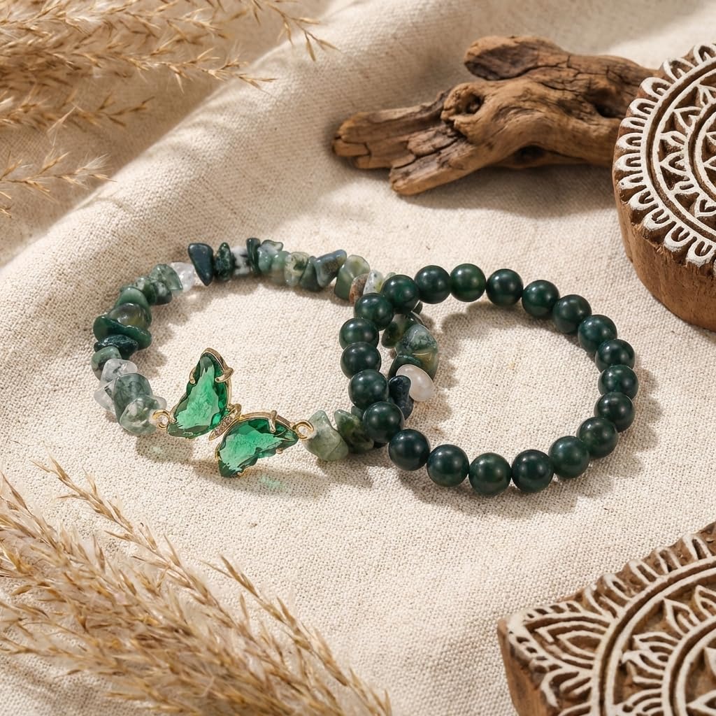 BELLA-Bee Natural Amethyst Healing Stone Bracelet Set for Women, Anxiety Relief Crystal Beaded Layered Bracelet with Butterfly Charm, Calming Spiritual Jewelry Gifts (Green)