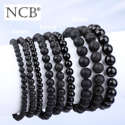 NCB 3-Piece 8mm Natural Crystal Gemstone Stretch Bracelets – ﻿Black Lava, Black Onyx, Matte Black Agate Handmade Reiki Energy Healing Jewelry for Meditation,Yoga, Unisex