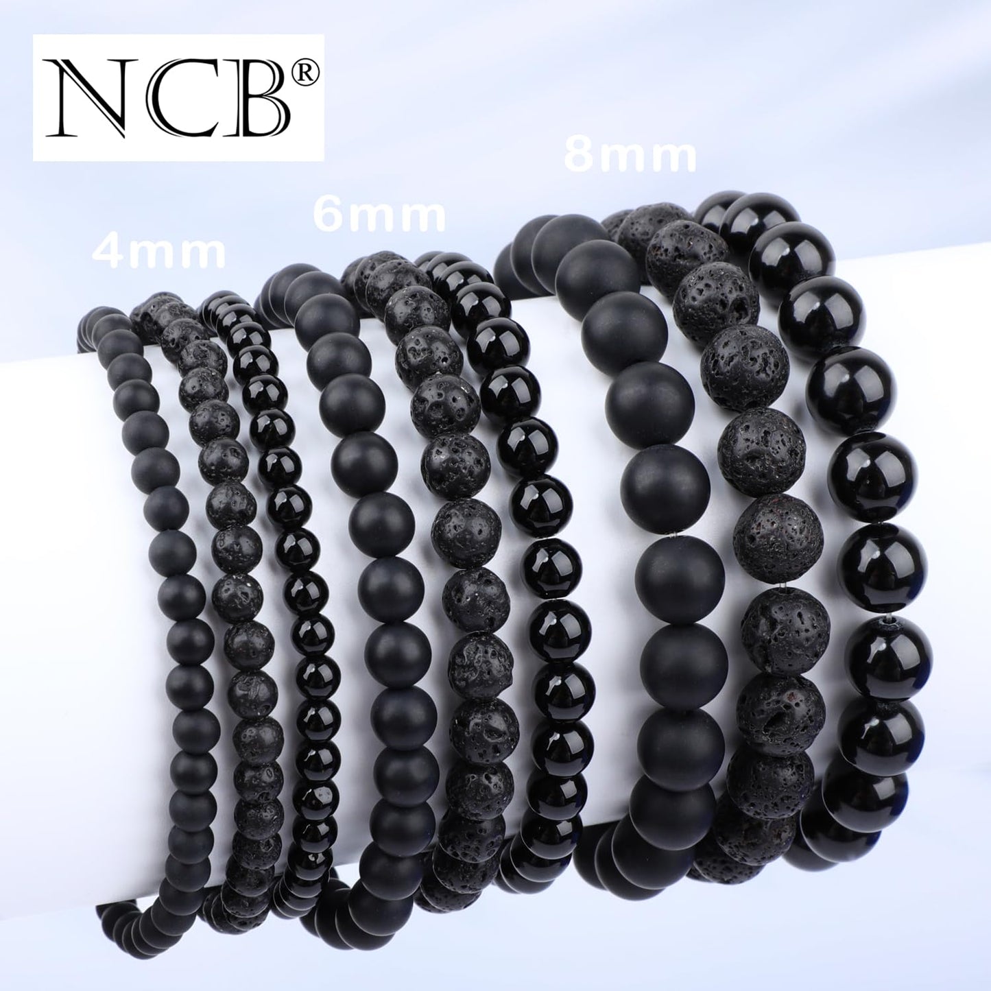 NCB 3-Piece 6mm Natural Crystal Gemstone Stretch Bracelets – ﻿Black Lava, Black Onyx, Matte Black Agate Handmade Reiki Energy Healing Jewelry for Meditation,Yoga, Unisex