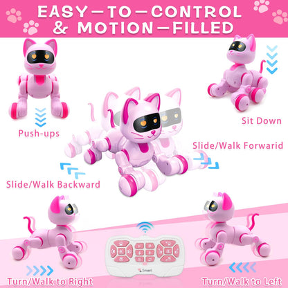 Hitish Remote Control Robot Cat, Programmable RC Smart Cat with Touch Sensing, LED Eyes Dance & Music Walking Pets STEM Toys Gifts for Kids Girls Boys