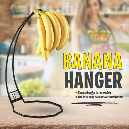 Fruit Basket with Banana Hanger and Fruit Bowl. Kitchen Counter Fruit Bowl with Banana Holder used as Bread, Vegetable or Produce Basket, Egg Holder, 2 Tier