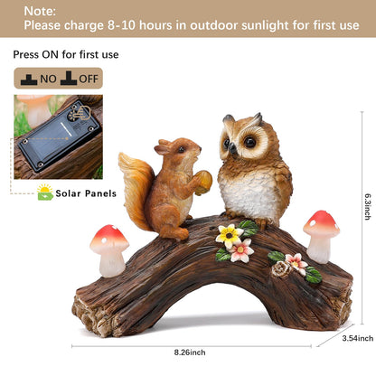WONDHOME Solar Owl Garden Statues Outdoor Decor Resin Owl Squirrel Figurine with Mushroom Lights for Patio Lawn Yard Decorations Christmas Birthday Housewarming Gardening Gifts for Women Mom