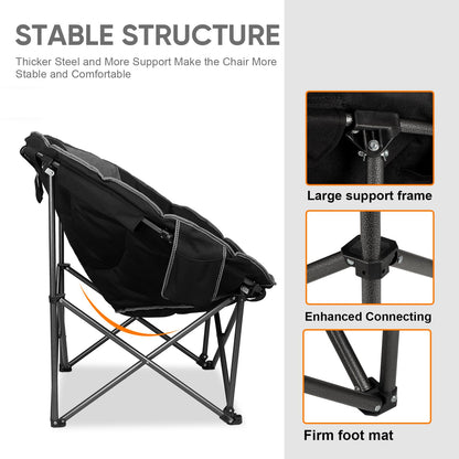 Northroad XXL Camping Moon Chair,Oversized Round Chair,Folding Padded Saucer w/Side Pocket,500lbs Capacity for Outdoor Hiking Fishing Picnic Lawn,Black&Grey