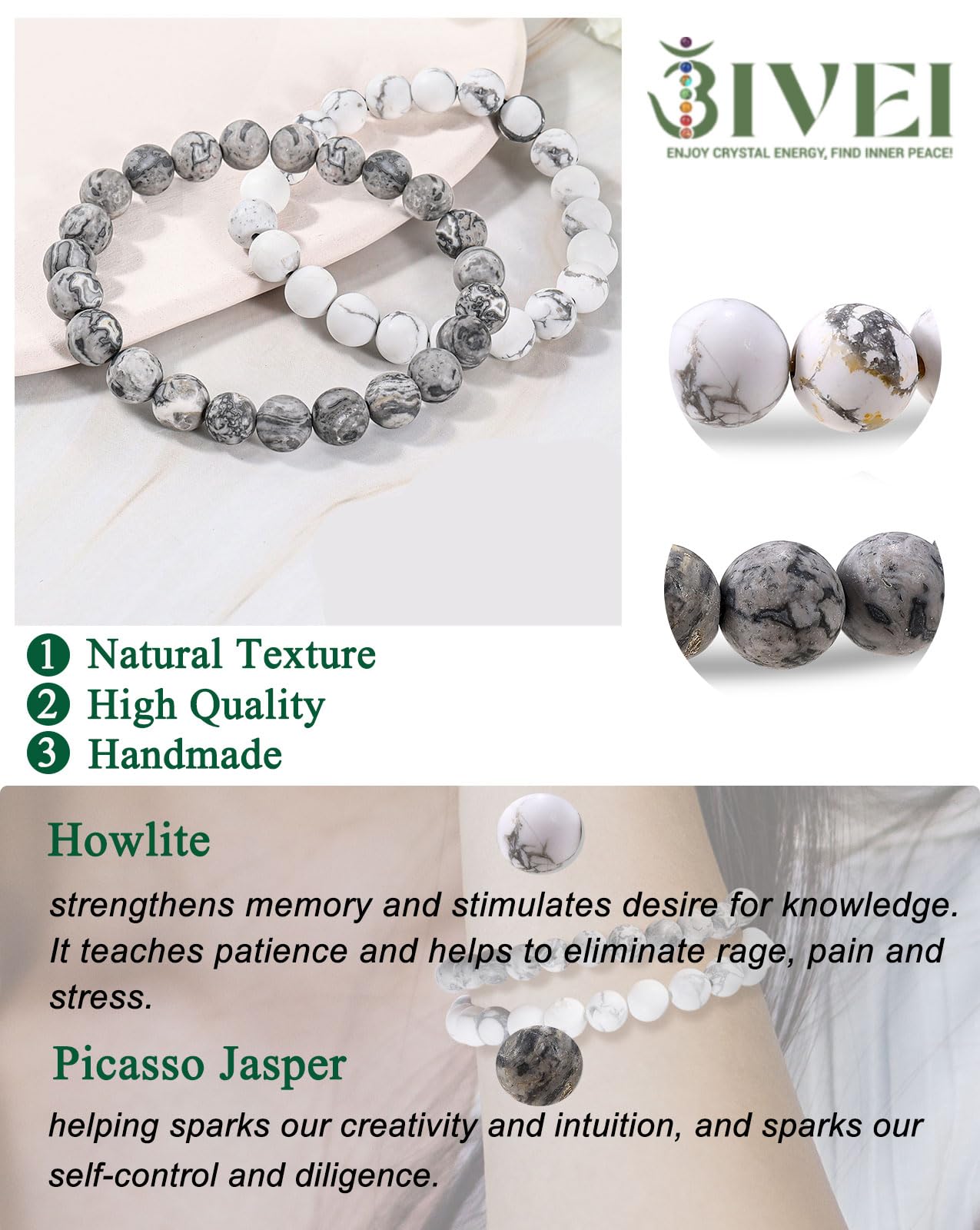 Bivei Natural Gemstone Healing Crystals Handmade 8mm Round Beads Bracelets Stretch Beaded Bracelet for Women Man(Frosted Picasso Jasper+Frosted White Howlite)