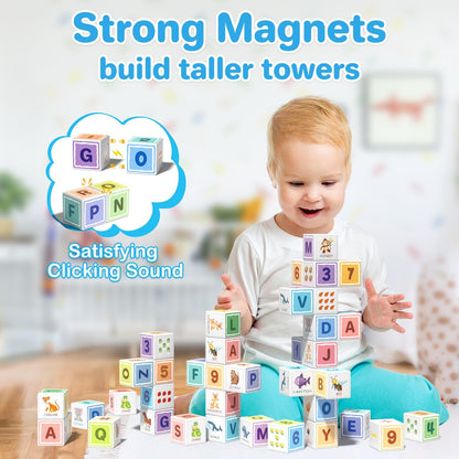 Asago Magnetic Blocks ABC 123 Alphabet Colorful Printed, Building Blocks for Toddler 1-3, Magnet Cubes Sensory Toys, Preschool Early Learning Number,Letter,Animals,Education for Kids Age 1 2 3