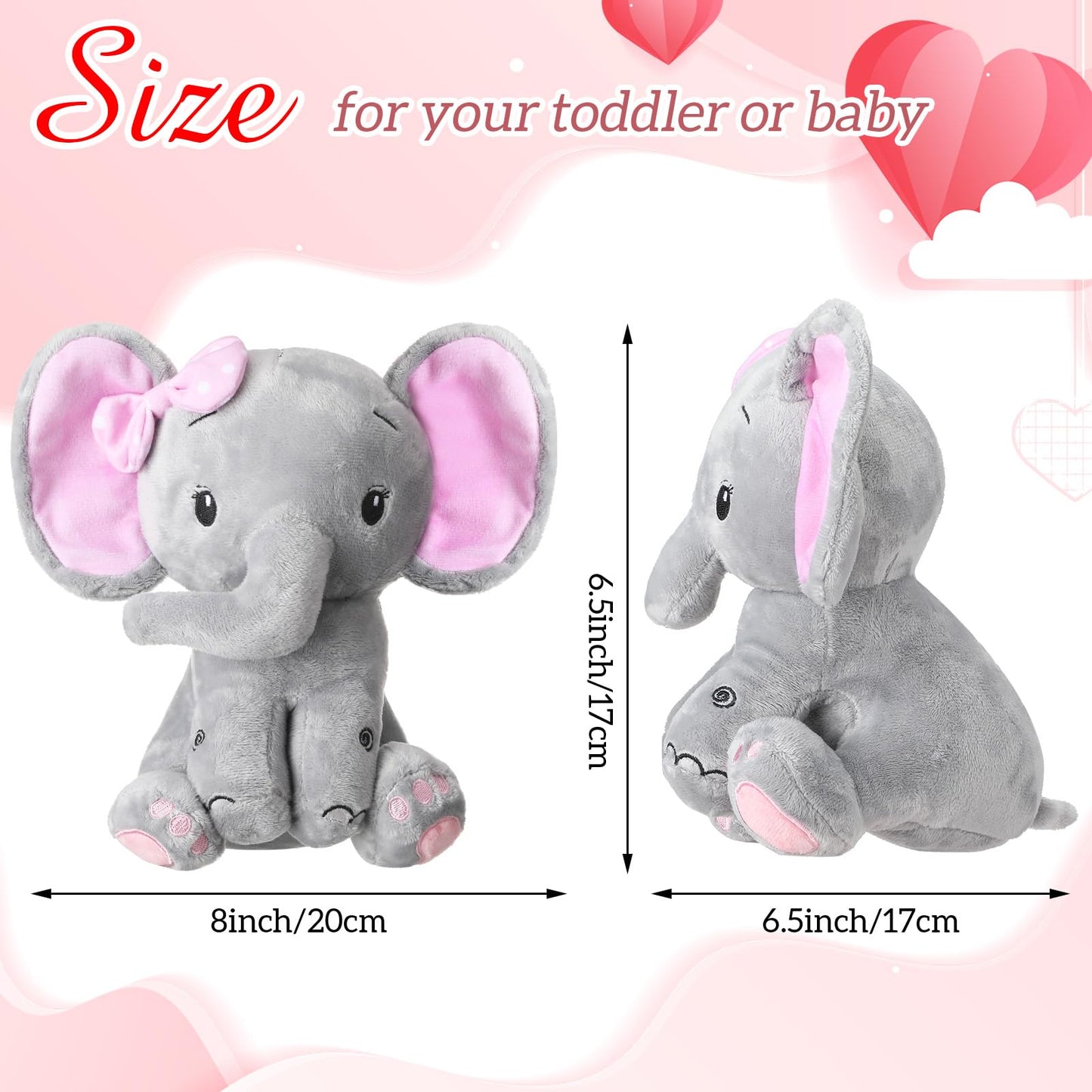 HyDren 12 6 Pieces Elephant Stuffed Animals 8 Inch Big Ear Stuffed Elephant Animal Plush Toy Gift for Baby Shower Boys Girl, Woodland Nursery Bed Decor Birthday Party Supplies (Pink)