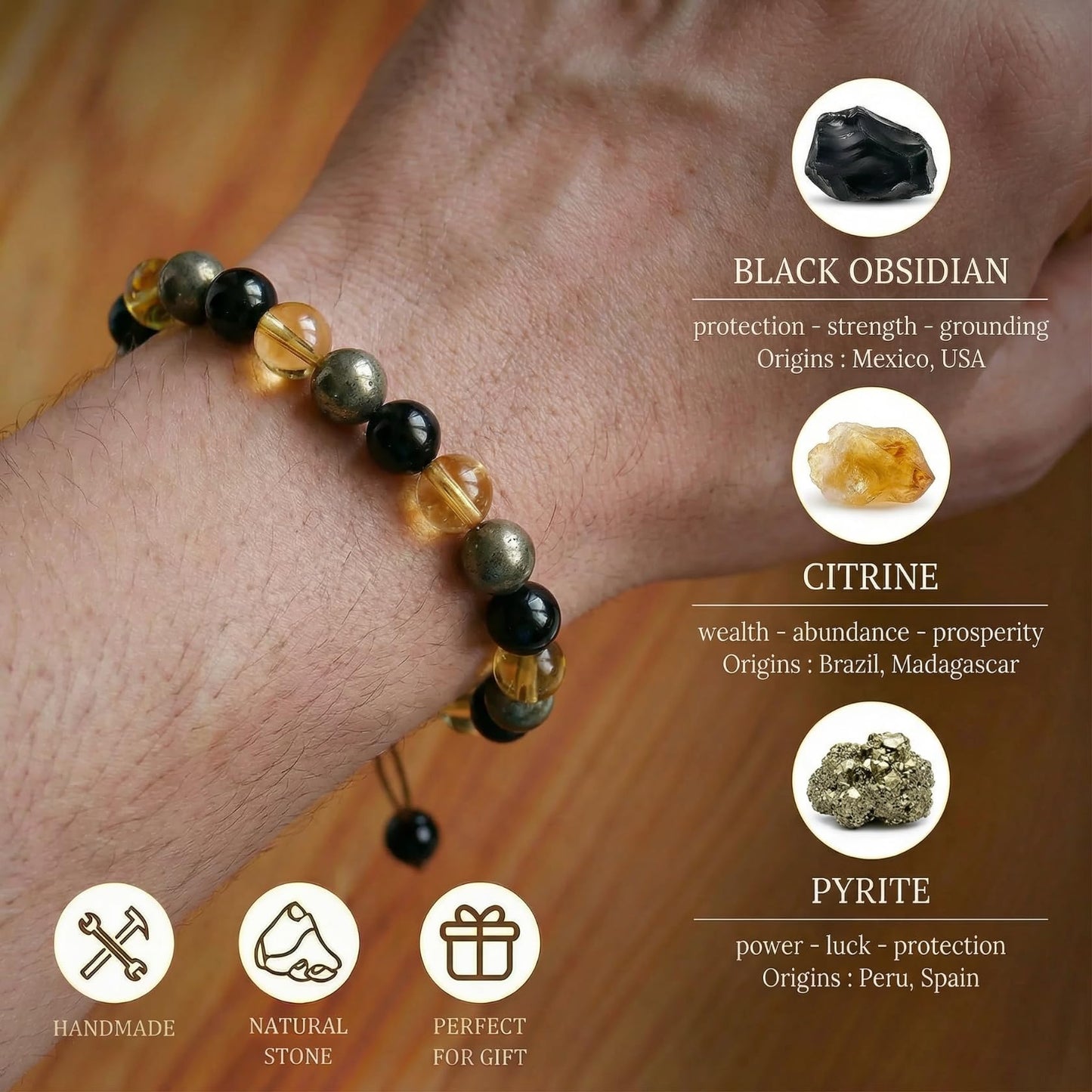 Atminafays Citrine Bracelet for Women & Men | Genuine Crystal Bracelet for Money, Wealth & Success with Pyrite & Obsidian | Adjustable Feng Shui Bracelet