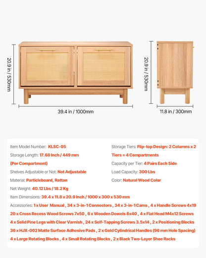 VEVOR Rattan Shoe Storage Bench, Entryway Bench with 2 Flip Drawers, Holds up to 300 lbs with 4 Compartments and 2 Rattan Doors, 39.4 x 11.8 x 20.9 Inches for Hallway, Living Room, Bedroom