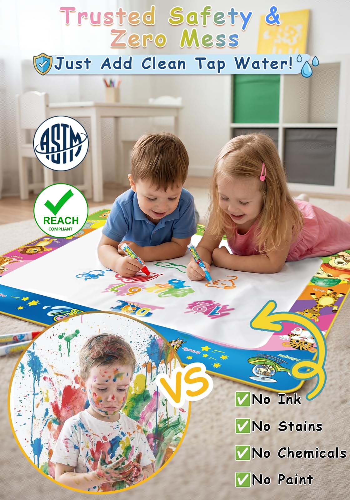 Toddler Toys Water Doodle Mat: 40 X 30 Inch Mess Free Coloring & Drawing Instant Drying Mat - Kids Learning Toys for Girls Age 3-5 Home Educational Activities - Birthday/Christmas Gifts for Girls Boys