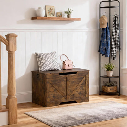 FDW 29.5 Inches Storage Bench, Retro Wooden Storage Benches with Safety Hinge, Entryway Storage Bench Supports 300 lb, Toy Chest Organizer, Easy Assembly for Entryway, Living Room, Brown