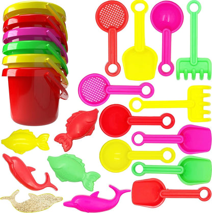 The Dreidel Company Mini Beach Day Playsets, 3.25" Sand Bucket Play Set Box Includes, Pail, Shovel, Rake, Sifter Scoop, Dolphin Fish Sand Trays Toy for Boys and Girls Birthday Party Favor (288-Pack)