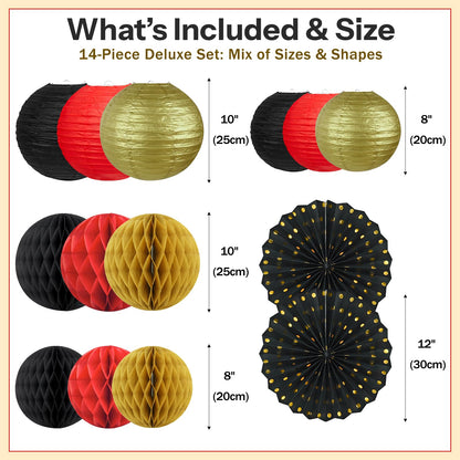 14 Pack Red Black and Gold Party Decorations Kit, Hanging Paper Lanterns & Fans for Casino Night, Red Carpet, Hollywood Theme Party, Game Night, Hibachi Party and Graduation