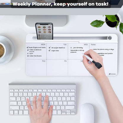 Varhomax Glass Weekly Dry Erase Desk White Board, Desktop to Do List Planner Whiteboard Calendar with Storage Caddy Memo for Home and Office, White