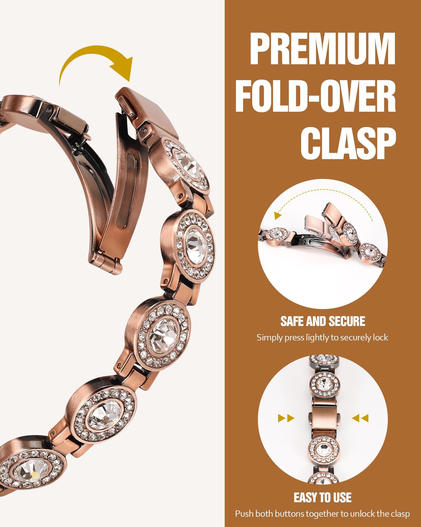 Jecanori Brilliant Crystals Copper Bracelet for Women, 4X Strength Magnetic Therapy Bracelet with 3800 Gauss Neodymium Magnets, Adjustable Pure Copper Jewelry Gift