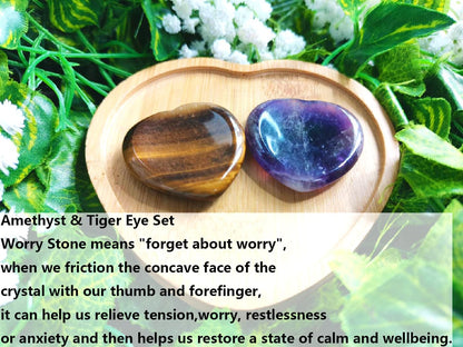 QINJIEJIE 2PCS Worry Stones for Anxiety Amethyst Tiger Eye Crystals Thumb Heart Shaped Quartz Crystal Palm Polished Gemstone Pocket Massage Natural Gem Reiki Meditation Stress Relief Gift for Women