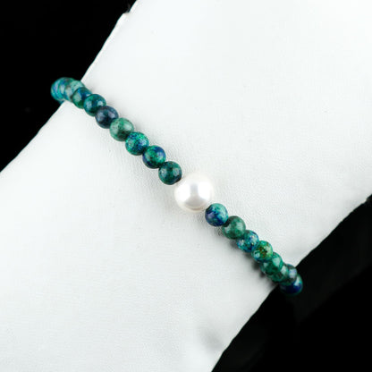 CRYSTALIS Natural Malachite Azurite Beads Slider Bracelet with Elegant Pearl, High Grade Beaded Crystals, Chakra Healing Gemstone, Gift Giving Women Jewelry, 925 Sterling Silver Slider 10 inch