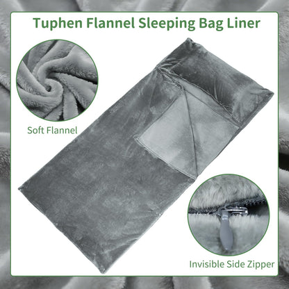 Tuphen Flannel Sleeping Bag Liner, XXL Fluffy Adult Sleeping Sack with Hidden Zipper for Warm or Cold Weather, Thick Travel Sheets for Hotel,Camping,Backpacking,Traveling & Dirty Proof,Gray,86 x 41‘’