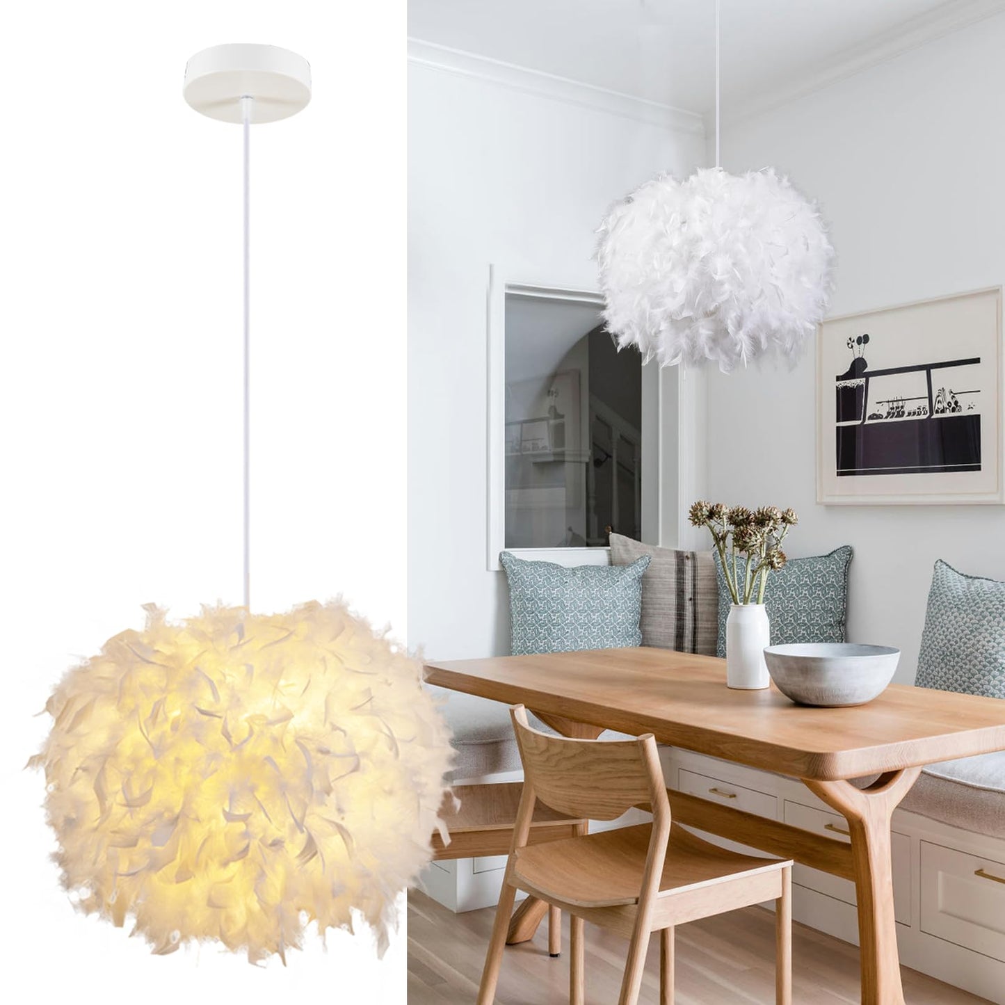 NZV White Feather Light Fixture Bedroom Romantic Feathers Pendant Lights Girls Room Modern Chandelier Mid Century Hanging Ceiling Lighting for Dining Room Kitchen Island Foyer (Diameter 11.8in)
