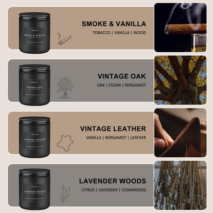Scented Candles Set | Men Candle Set, Scented Candles for Home, Gifts for Men Aromatherapy Gift Set - 4 Pack Manly Gifts for Dad Fathers Day, Soy Candle of Leather/Smoke & Vanilla/Oak/Lavender