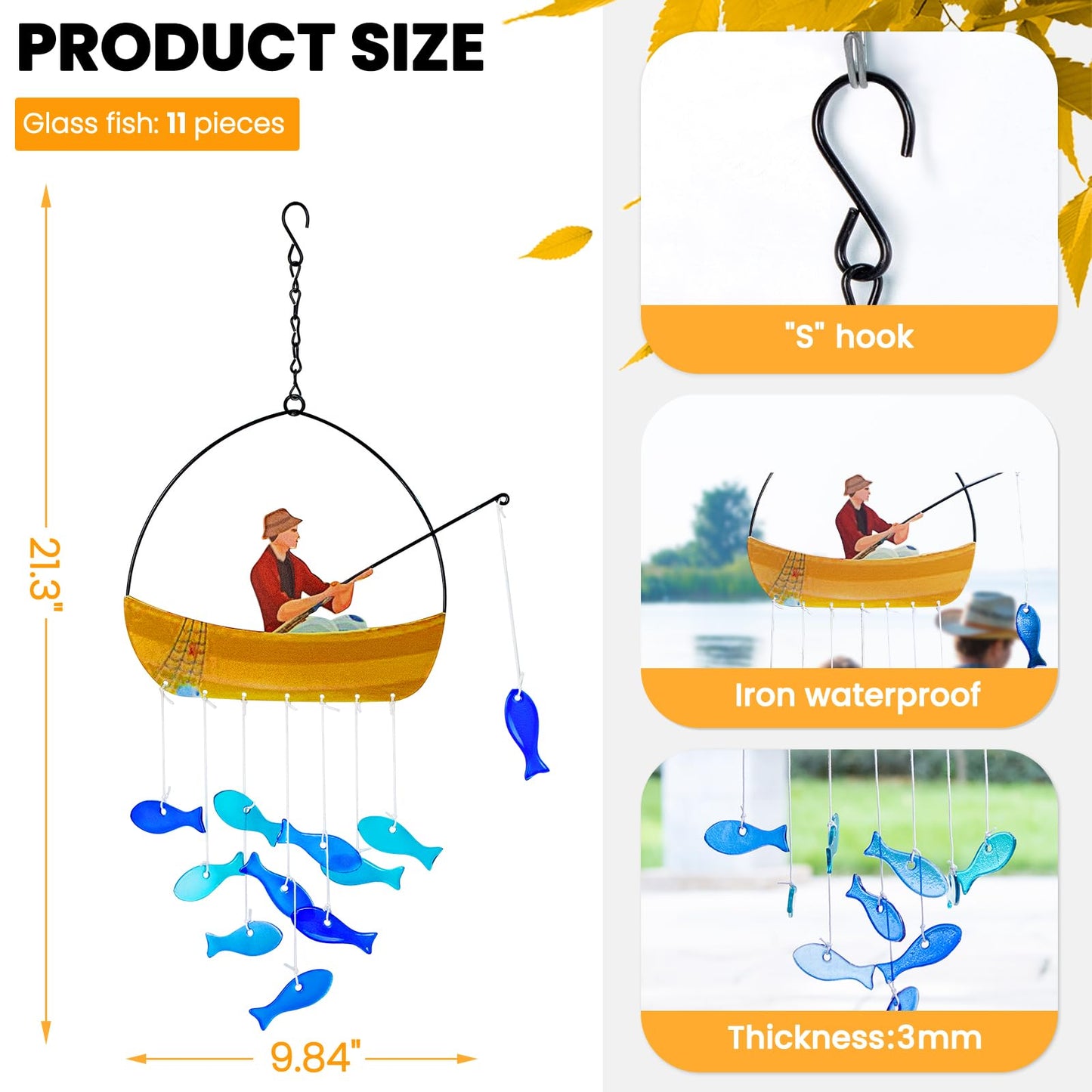 X-PREK 21" Fish Wind Chimes for Outside, Blue Sea Glass Wind Chimes Garden Decor, Windchimes Outdoors Suncatcher Gift for Women, Mom, Grandma, Unisex