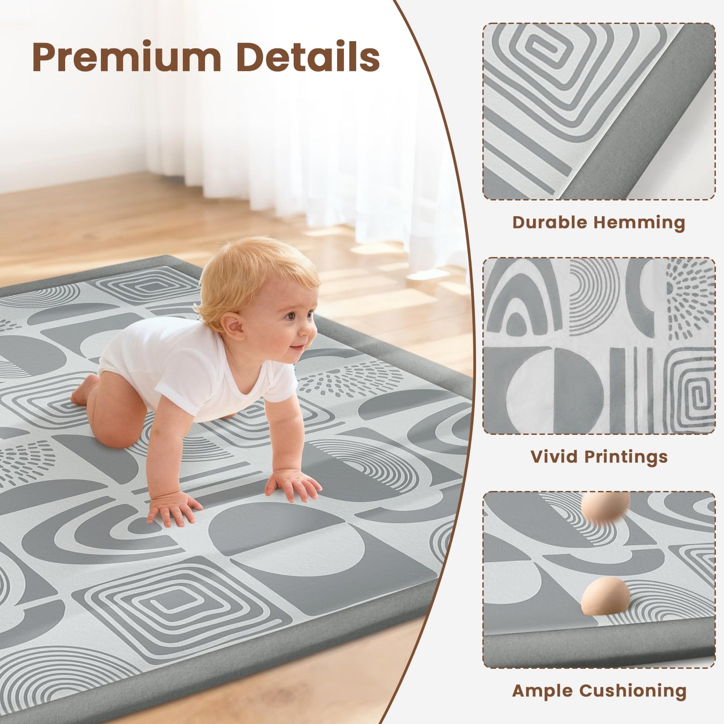 Omedecal 50"×50" Baby Play Mat for Floor & Playpen, 1.2" Thick High-Density Foam Nursery Mat for Tummy Time, Soft Plush Carpet with Non-Slip Bottom for Infant Toddler Baby Crawling & Playing (Grey)